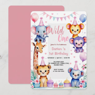 Wild One Niedlicher Tiere Balloon cupcake 1. Gebur Einladung