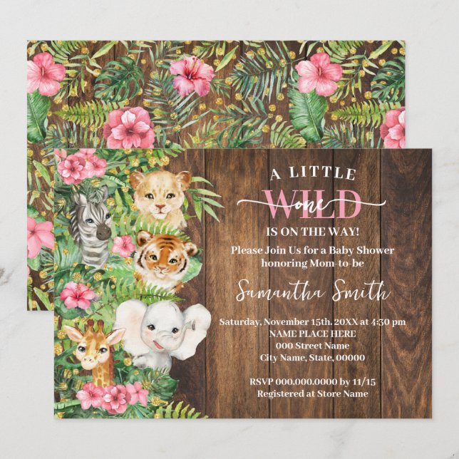 Wild One on the Way Pink Rustic Safari Baby Shower Einladung (Vorne/Hinten)