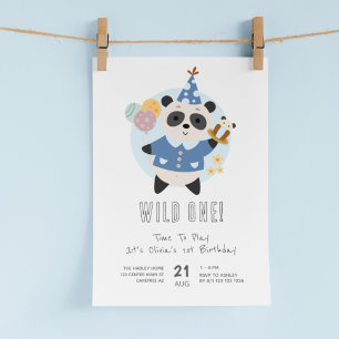 Wild One Panda Bear Blue 1. Geburtstag Einladung