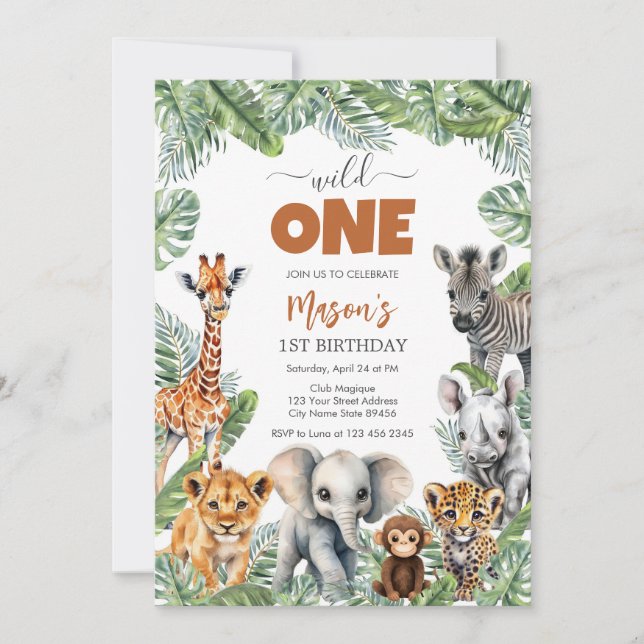 Wild One Party Animals Kids 1st Birthday Einladung (Vorderseite)