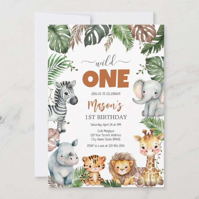 Wild One Party Animals Kids 1st Birthday Einladung (Vorderseite)