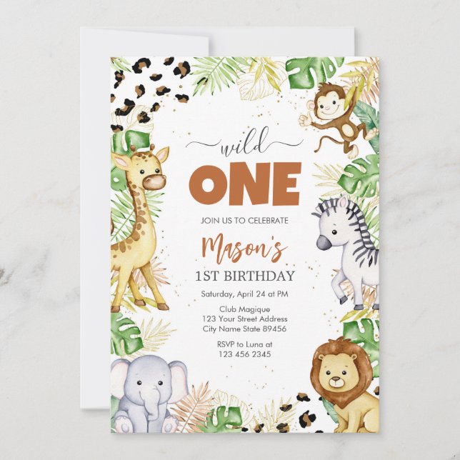 Wild One Party Animals Kids 1st Birthday Einladung (Vorderseite)