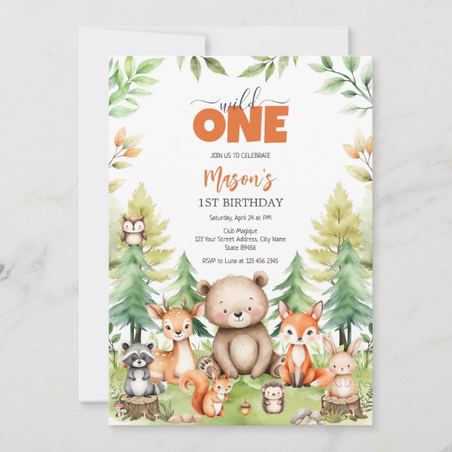 Wild One Party Animals Kids 1st Birthday Einladung (Vorderseite)