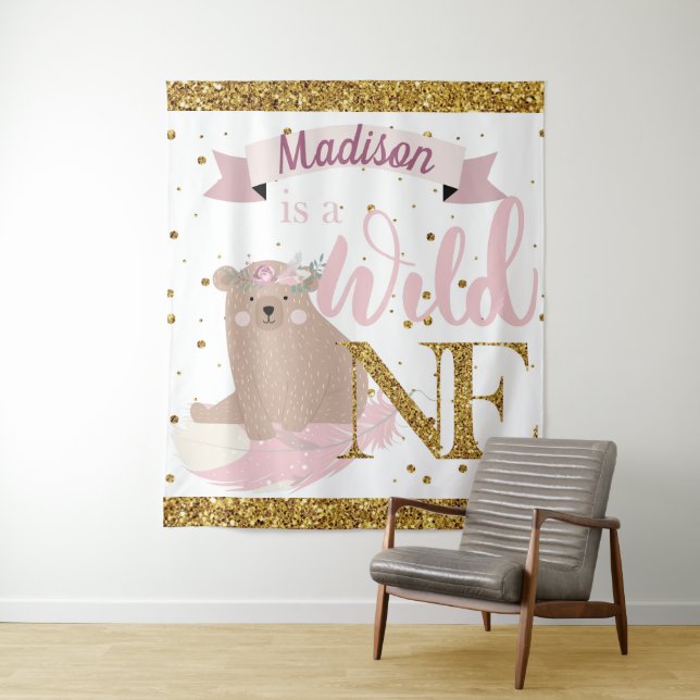 Wild One Personalisiert First Birthday Girl Wandteppich (Beispiel)