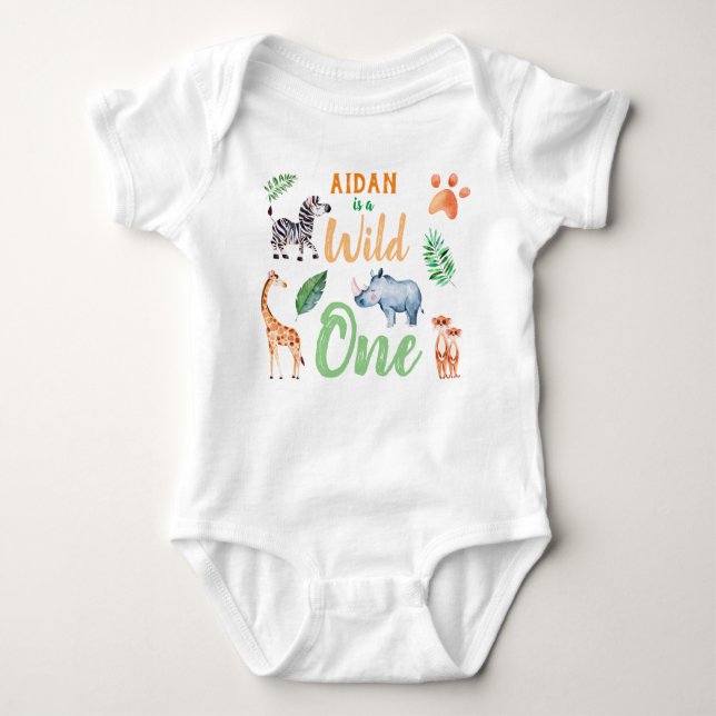 Wild One Personalisiert Safari Animal zum Geburtst Baby Strampler (Vorderseite)
