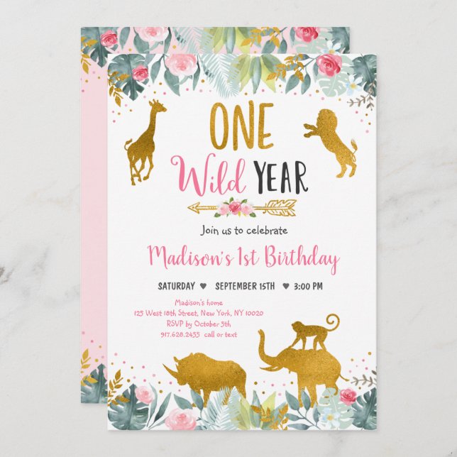 Wild One Pink Gold Greenery Safari Geburtstag Einladung (Vorne/Hinten)