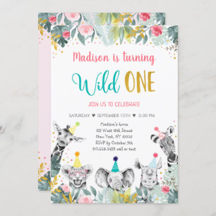 Wild One Pink Gold Party Animal Birthday Einladung