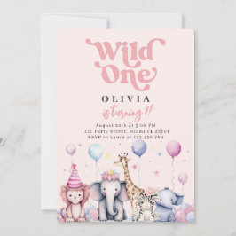 Wild One Pink Jungle Safari Tiere Mädchen Geburtst Einladung