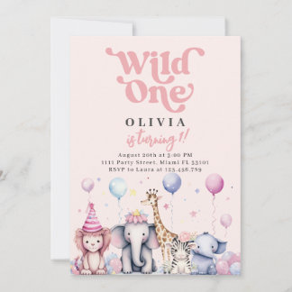 Wild One Pink Jungle Safari Tiere Mädchen Geburtst Einladung