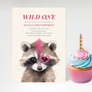 Wild One Pink Mohawk Raccoon 1. Geburtstag Party Einladung