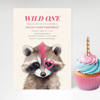 Wild One Pink Mohawk Raccoon 1. Geburtstag Party Einladung