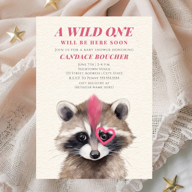 Wild One Pink Mohawk Raccoon Babydusche Einladung (Von Creator hochgeladen)