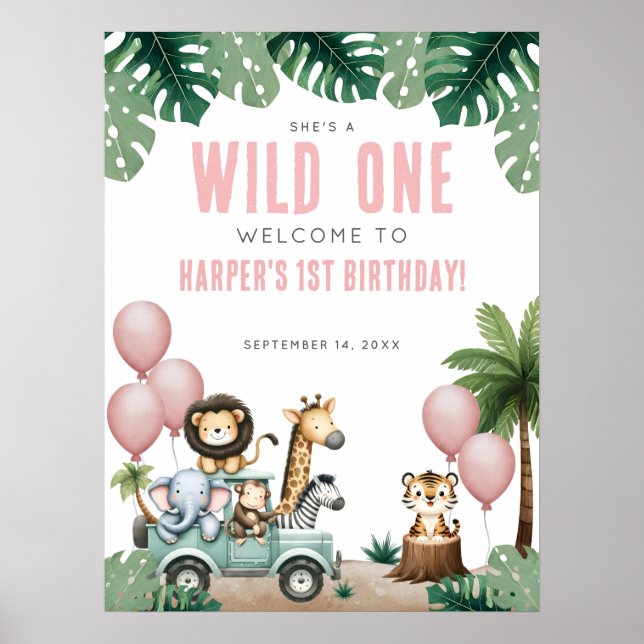 Wild One Pink Safari 1st Birthday Welcome Poster (Vorne)