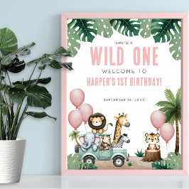 Wild One Pink Safari 1st Birthday Welcome Poster