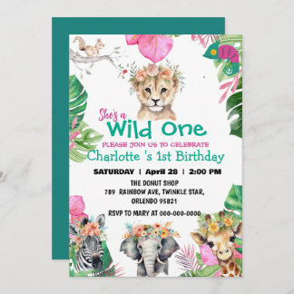 Wild One Pink Safari Dschungel 1. Tiere Geburtstag Einladung
