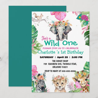Wild One Pink Safari Dschungel 1. Tiere Geburtstag Einladung