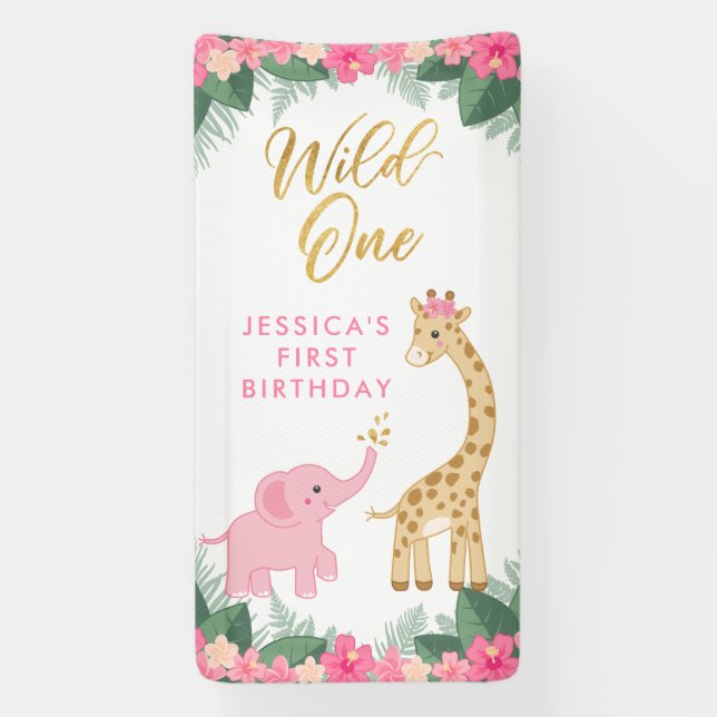 Wild ONE - Pink Safari Girl's ERSTER Geburtstag Banner (Vertikal)
