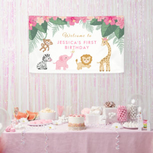 Wild ONE - Pink Safari Girl's ERSTER Geburtstag Banner