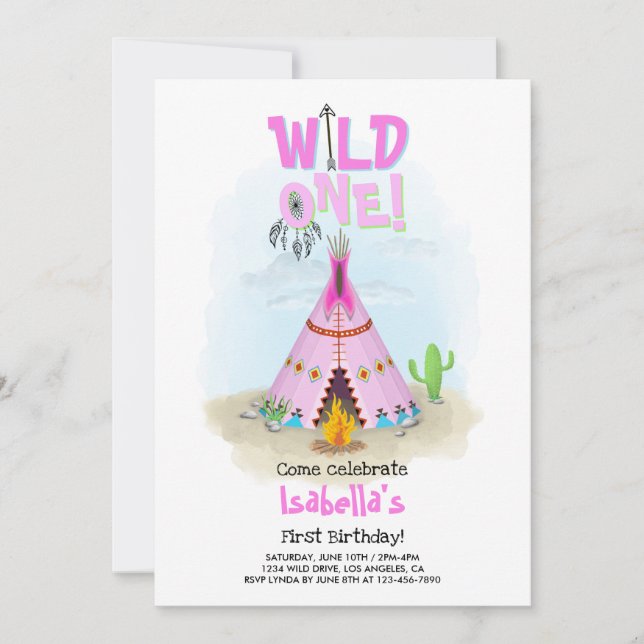 Wild One Pink Tribal Teepee Girl Birthday Einladung (Vorderseite)