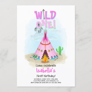 Wild One Pink Tribal Teepee Girl Birthday Einladung