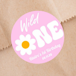 Wild One Pink White Daisy Retro 1. Geburtstag Runder Aufkleber