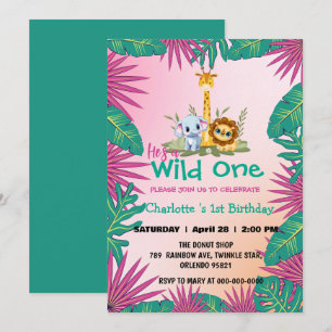 Wild One Pink Zoo Dschungel 1st Animal Birthday Gi Einladung