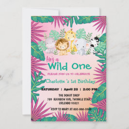 Wild One Pink Zoo Dschungel 1st Animal Birthday Gi Einladung