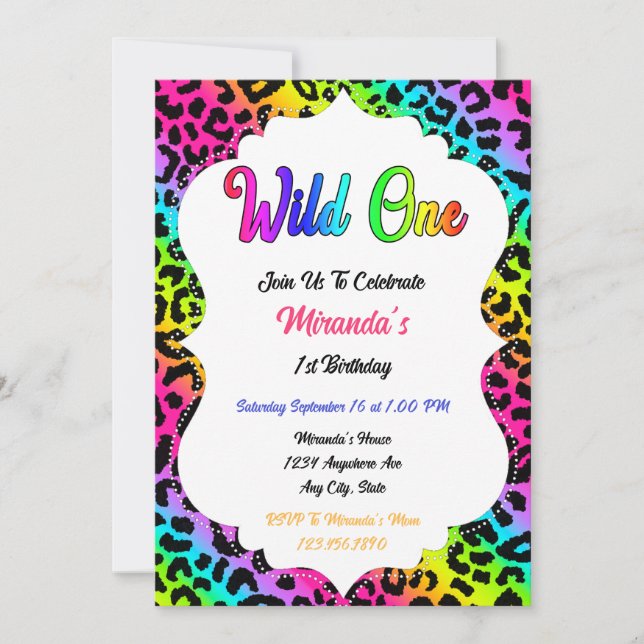 Wild One Rainbow Leopard Geburtstag Einladung (Vorderseite)