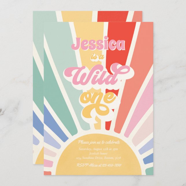 Wild One Rainbow Sunshine 1. Geburtstag Party Einladung (Vorne/Hinten)