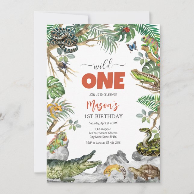 Wild One Reptile Party Animals Kids 1st Birthday Einladung (Vorderseite)