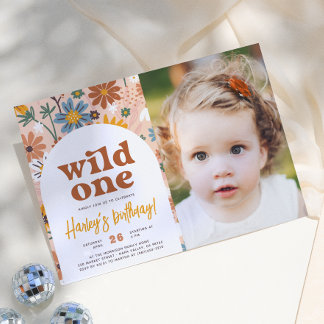 Wild One Retro Boho Wildblume 1. Geburtstag Foto Einladung
