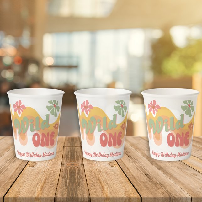 Wild One Retro Rainbow Daisy Erster Geburtstag Pappbecher (Von Creator hochgeladen)