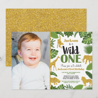 Wild One Safari 1. Geburtstag Einladung Boy Gold