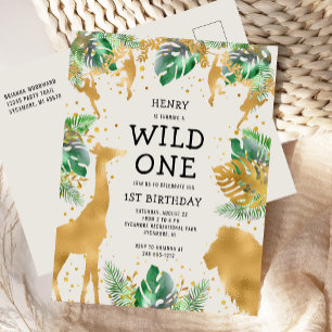 Wild One Safari 1. Geburtstag Green Gold Ecru Einladungspostkarte