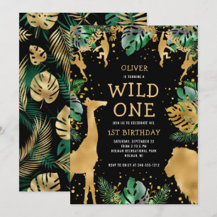 Wild One Safari 1. Geburtstag Schwarz Grün Gold Einladung