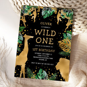 Wild One Safari 1. Geburtstag Schwarz Grün Gold Einladung