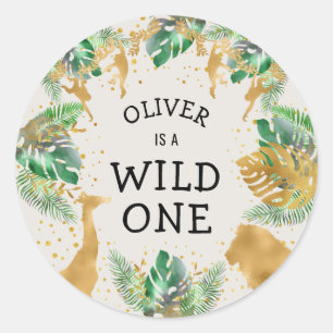Wild One Safari 1. Geburtstagsfeier Grün Gold Ecru Runder Aufkleber