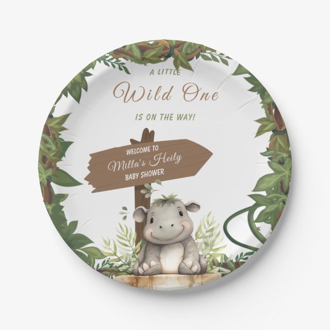 Wild One Safari Adventure Baby Hippo Baby Shower Pappteller (Vorderseite)