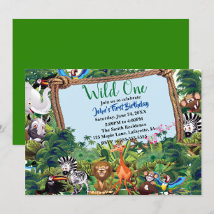 Wild One Safari Animal Birthday Party Einladung