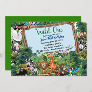 Wild One Safari Animal Birthday Party Einladung