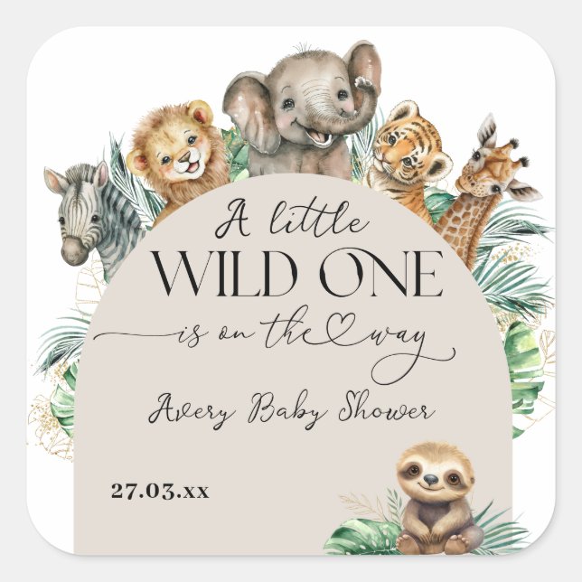 Wild One Safari Animal Jungle Modern Baby Shower Quadratischer Aufkleber (Vorderseite)