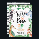 Wild One Safari Animal Kids 1. Geburtstag Einladung<br><div class="desc">Watercolor Wild 1 1. Geburtstag Safari Tier Kindergeburtstag Einladung. Zebra,  Rhinozeros,  Giraffen und Mücken mit Blätter zu Safari-Themen. Wild One Kindergeburtstag Einladungen für ein Safari Wild Ding Party. www.SamAnnDesigns.com</div>