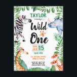 Wild One Safari Animal Kids 1. Geburtstag Einladungspostkarte<br><div class="desc">Wild One Safari Animal Kids 1. Geburtstag Postcard Einladung. Zebra,  Rhinozeros,  Giraffen und Mücken mit Blätter zu Safari-Themen. Wilde Dinge Kindergeburtstag Einladungen für ein Safari Wild Ding Party. www.SamAnnDesigns.com</div>