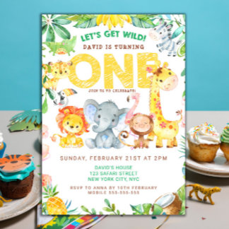 Wild One Safari Animals 1. Geburtstagskinder Einladung