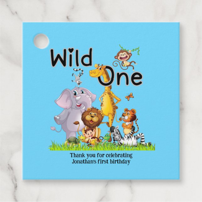 Wild One Safari Animals 1st Birthday cartoon Invit Geschenkanhänger (Vorderseite)