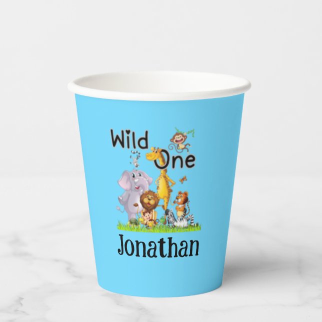 Wild One Safari Animals 1st Birthday cartoon Invit Pappbecher (Vorderseite)