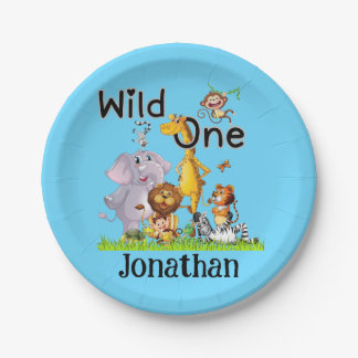 Wild One Safari Animals 1st Birthday cartoon Invit Pappteller