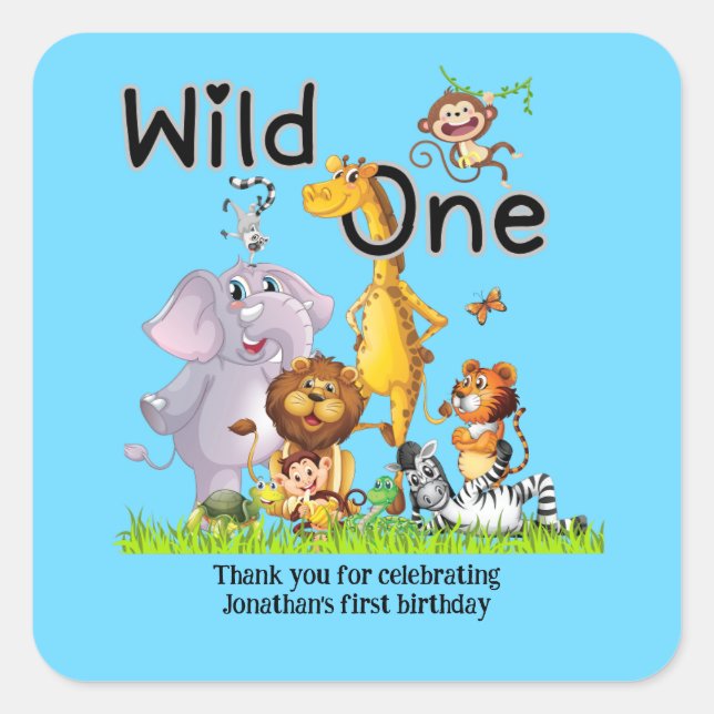 Wild One Safari Animals 1st Birthday cartoon Invit Quadratischer Aufkleber (Vorderseite)