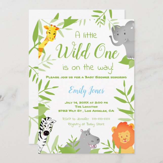 Wild One Safari Animals Baby Shower Boy Einladung (Vorne/Hinten)