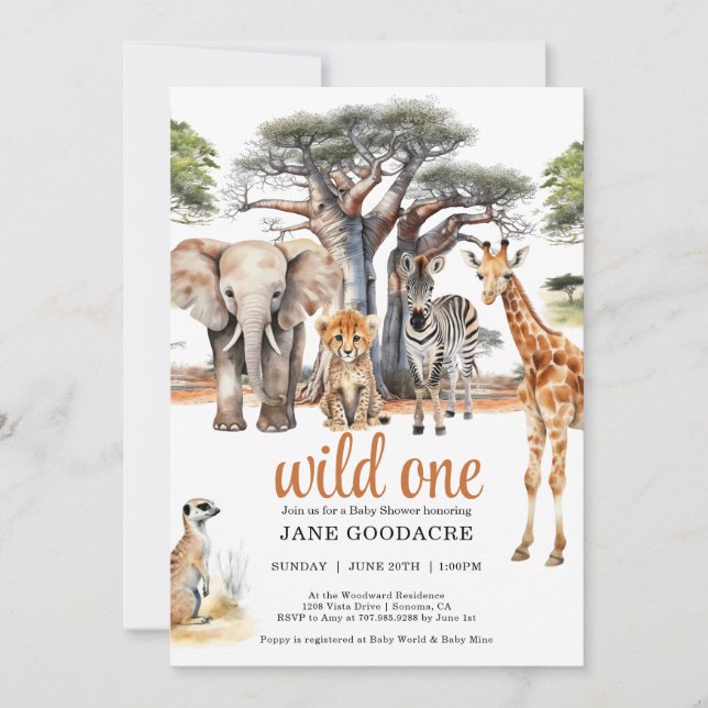 Wild One Safari Animals Baby Shower Einladung (Vorderseite)